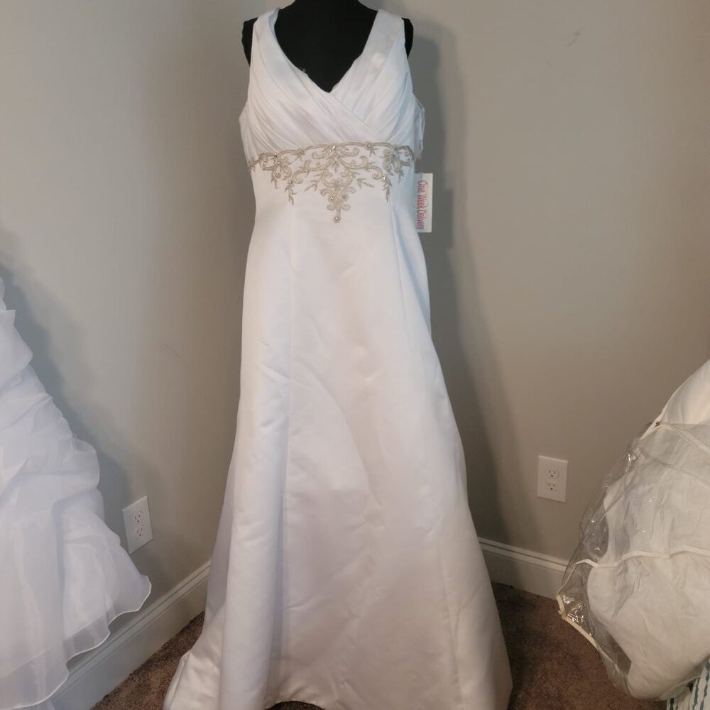 Size 18 Long A Line Wedding Dress V Neck Train Bridal Gown - Picture 3 of 16